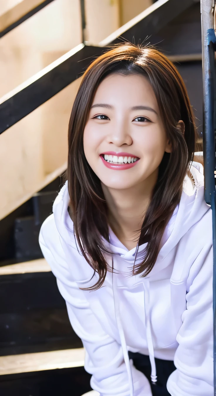 8K、highest quality、Clear beauty、hoodie、smile、Beautiful teeth alignment、(Gums are visible)Black Hair、ear piercing、Upper Body、The background is a staircase