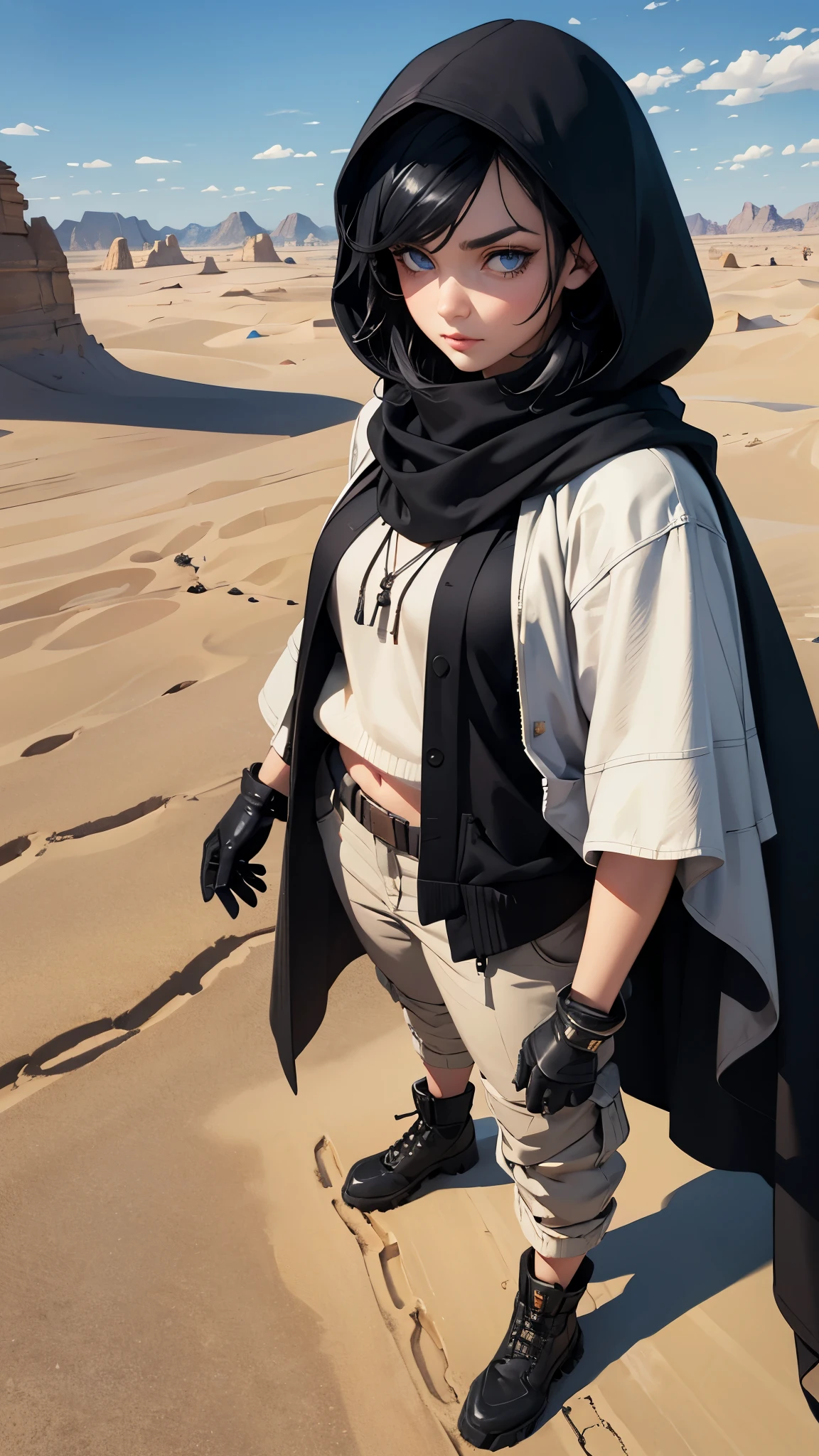 1 female, full body, desert, white scarf, cardigan, cargo pants, black hood, blue eyes, black hairs, short hairs, extremely detailed face, futuristic, desert nomad, ((cloak, extremely detailed eyes)), gloves