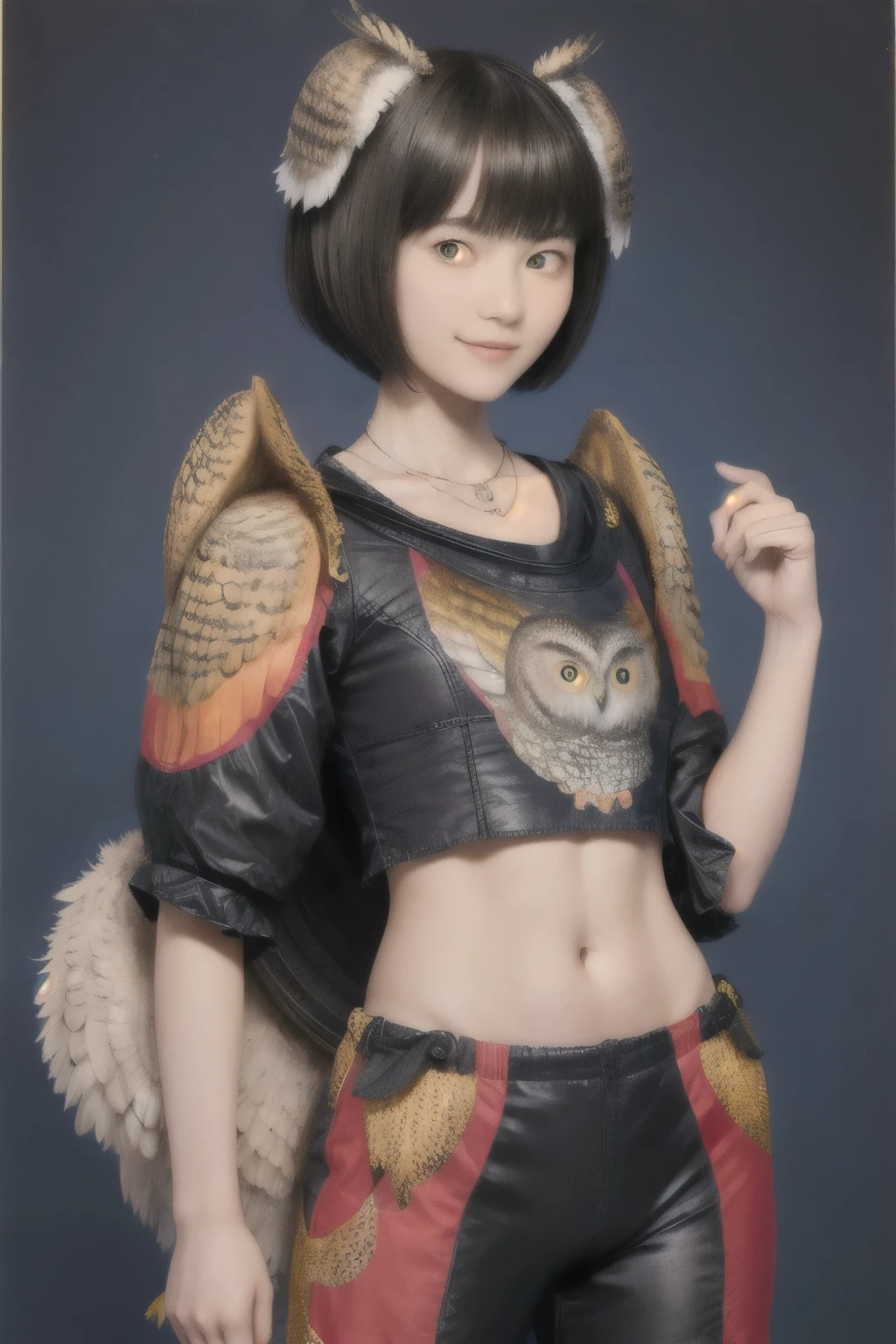 224 Short Hair, 20-year-old woman, A kind smile, (There are also colorful owls), (Rembrandt-style painting), ((machinery suit,Clothes with short sleeves)),I can see your abs