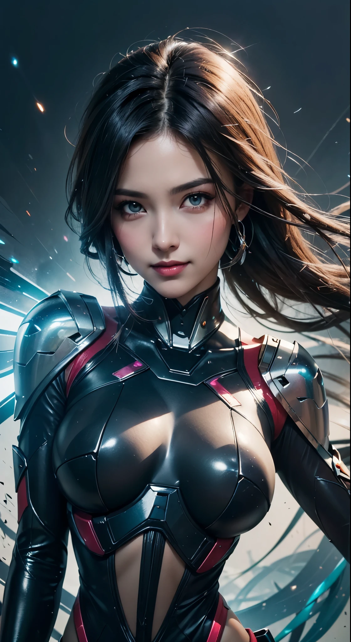 (best quality, ultra-detailed, photo-realistic:1.37), bright and vibrant colors, studio lighting, playful expression, stylish makeup, long dark hair flowing in the wind, alluring eyes, glossy lips, action pose, Reploid, Cyberspace, Megaman X, Zero, smiling in a confident and seductive way, professional photoshoot, shallow depth of field, highlighting subject, soft natural lighting, dreamy and magical atmosphere.
