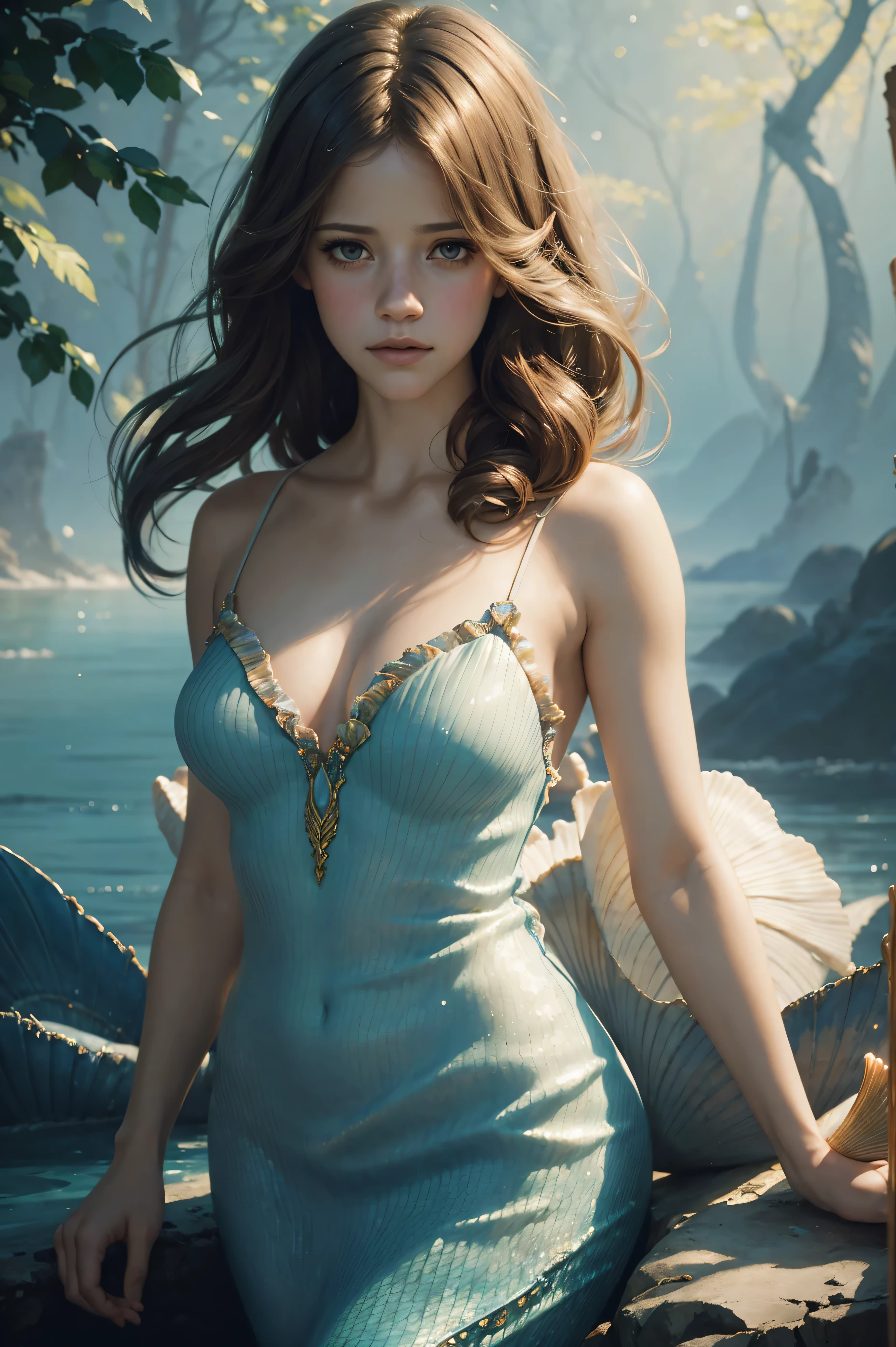 portrait Lyndsy Fonseca wearing a mermaid dress costume with clam shell top, strong impressionism paint style, strong expressiveness and emotionality, cinematic lighting, visual clarity, art by krenz cushart, by relseiy, by miho hirano