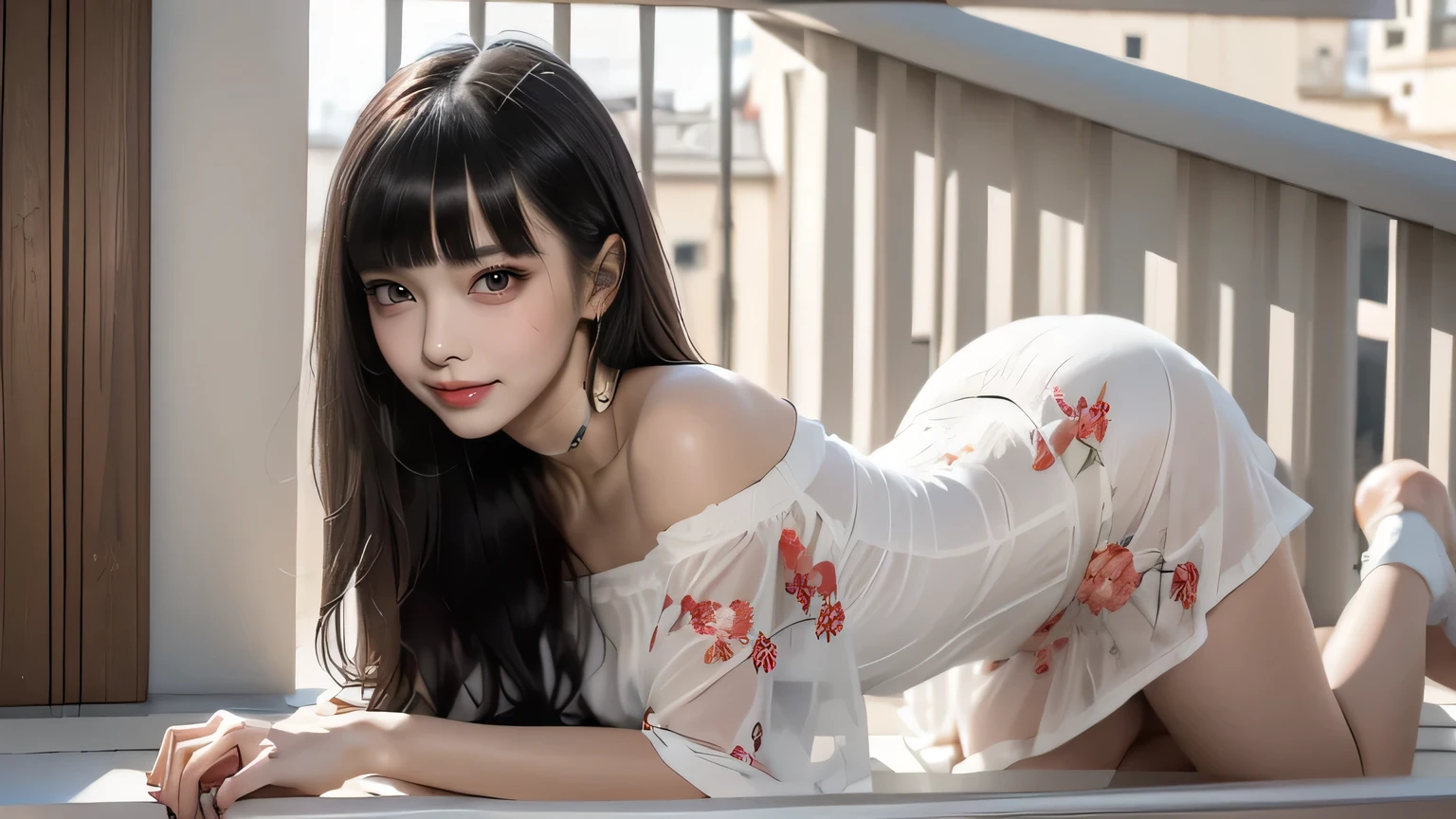 ((Straight bangs、Princess Bang)),((Very heavy、Voluminous bangs:1.1)),((very long、Very heavy、Very voluminous side locks:1.1)), Hime cut、Straight bangs hairstyle、Round face and ugly bangs、Long hair with ugly bangs、The bangs are cut straight、(masterpiece、highest quality:1. 5), (Ultra-fine 8K CG:1.4), (hyperRealistic:1.25), (PhotoRealistic:1.25), (Realistic:1.4), (View Top:1.35), (smile1.3)、 1 japanese beautiful girl, 19 years old, Supermodel, Japanese Idols, (smile)、 (A semi-transparent off-the-shoulder white dress with a floral pattern:1.1),((Girl on all fours on balcony:1.4)), (A European castle is hazy in the background.),Backlight、silhouette、nipple、(White panties are visible),