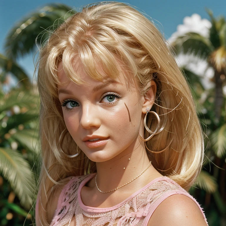 Barbie, Britney Spears, hole body, Mit Pink Mansion im Hintergrund, Palmen im Hintergrund, Ultrarealistisches Foto, Very high resolution, high-resolution face, Modische karierte Kleidung, 80's style , Film portrait photography, Miami Beach, Realistische Hautstruktur