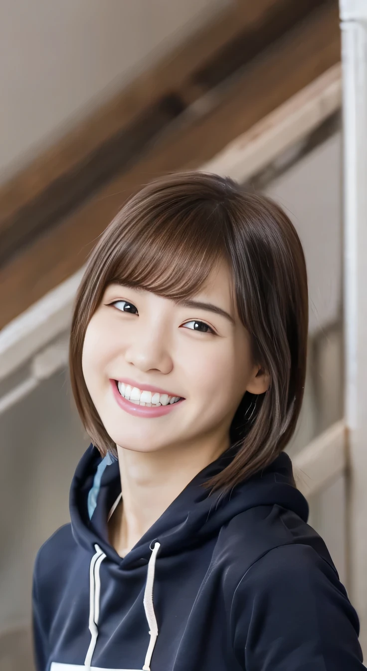 ８Ｋ、highest quality、Clear beauty、hoodie、smile、Beautiful teeth alignment、（Gums are visible）Black Hair、ear piercing、Upper Body、The background is a staircase

