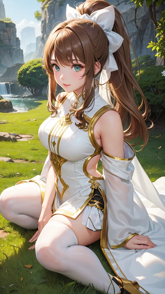 A young woman with light brown hair and a ponytail wearing a fantasy white costume、Green Eyes