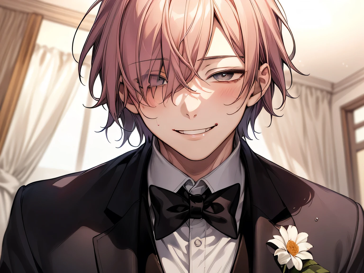 masterpiece,Face close-up,Angle from below,male, 10 years old,(male1 person)、solo,Adult,A gentle smile,Tea-colored hair,mash,(Droopy eyes),Lewd Eyes,White tuxedo,sweating,,smile,Background Spotlight