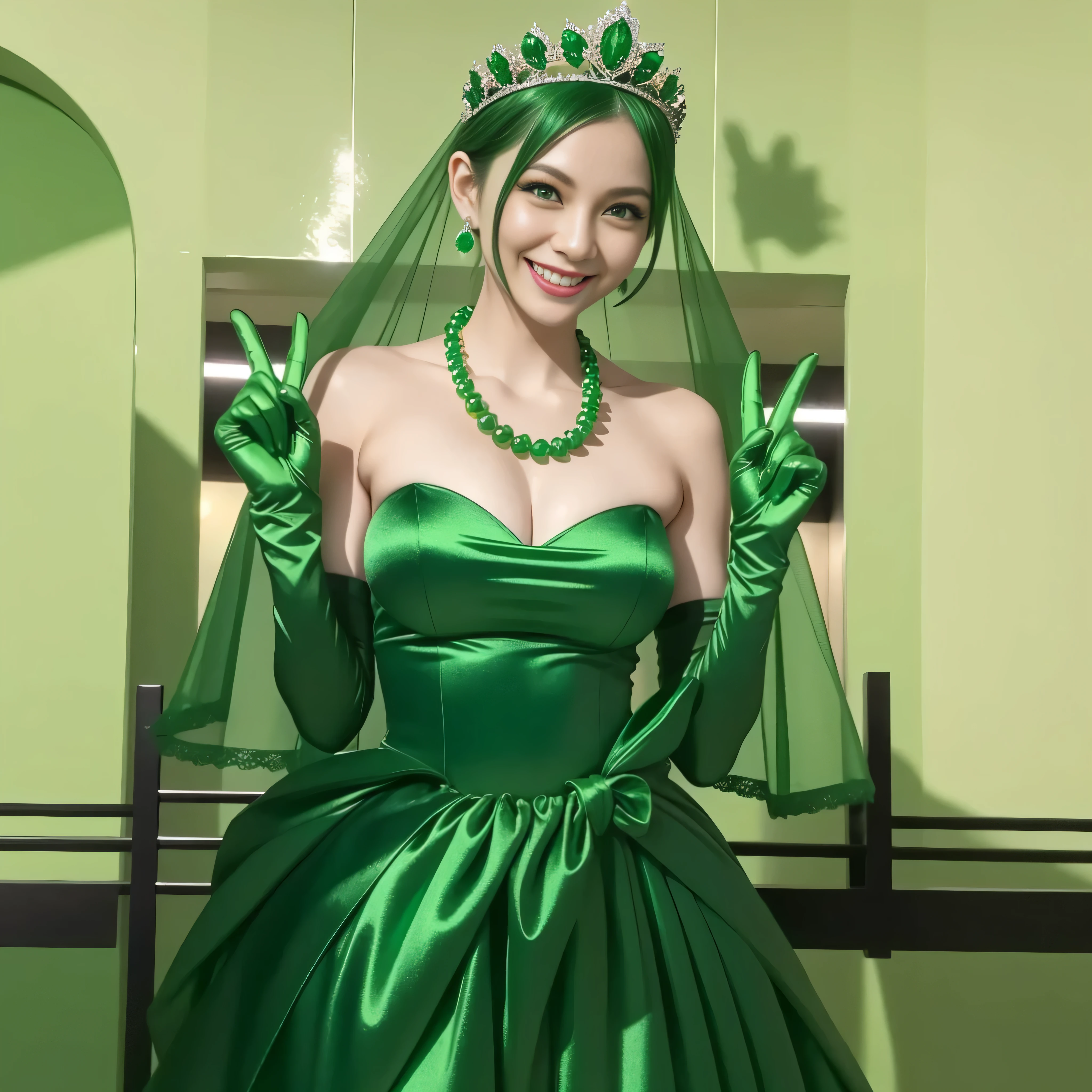 Emerald tiara, Green Pearl Necklace, Boyish very short green hair, lipstick, Smiling Japanese woman, Very short hair, Big tits beautiful, Green Eyes, Long green satin gloves, Green Eyes, v sign, Emerald Earrings, Green Veil