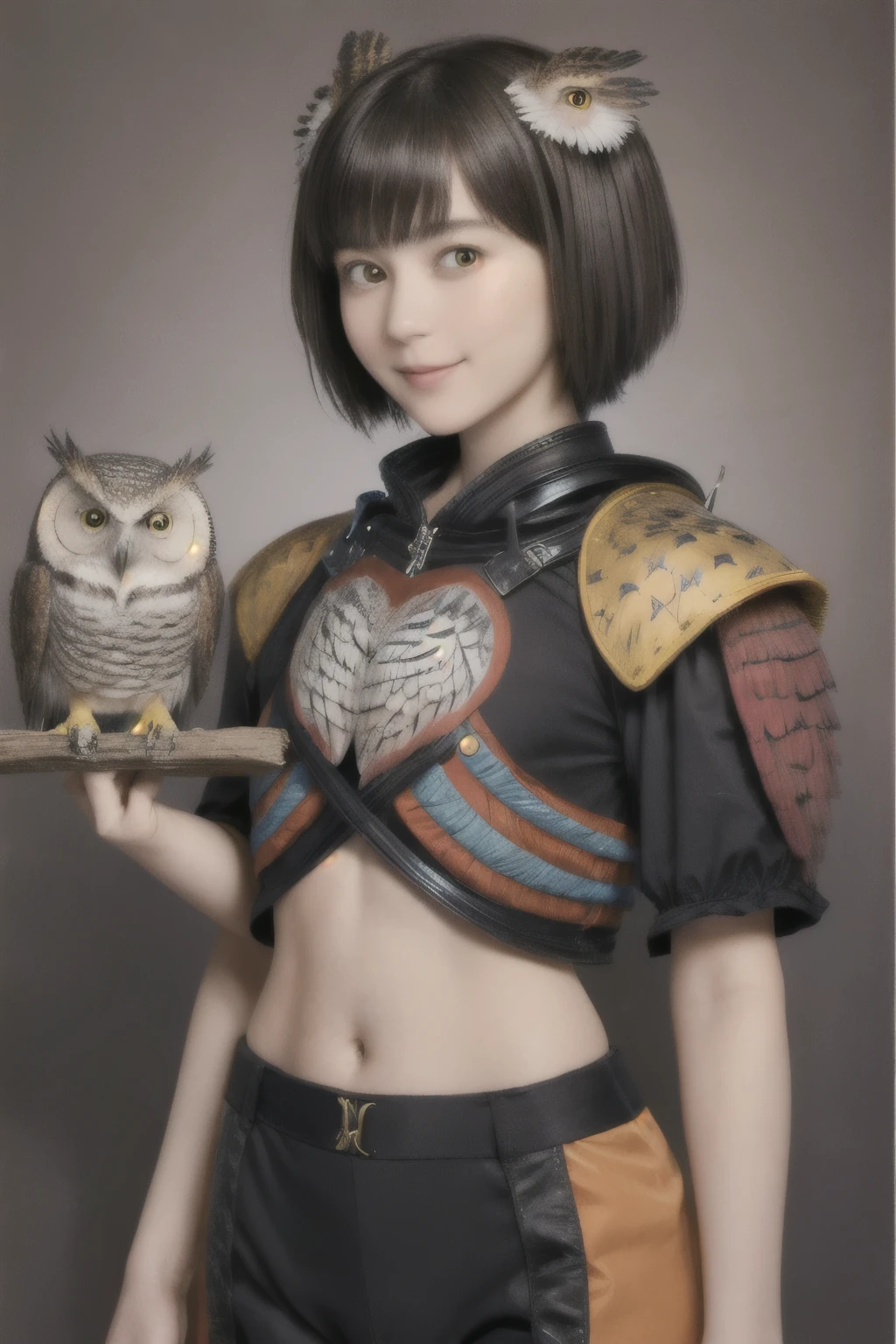 224 Short Hair, 20-year-old woman, A kind smile, (There are also colorful owls), (Rembrandt-style painting), ((machinery suit,Clothes with short sleeves)),I can see your abs