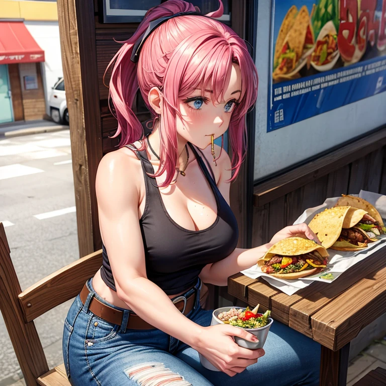 A woman wearing a tank top and saggy jeans eating a taco at a taco shop　Jeans have belts　