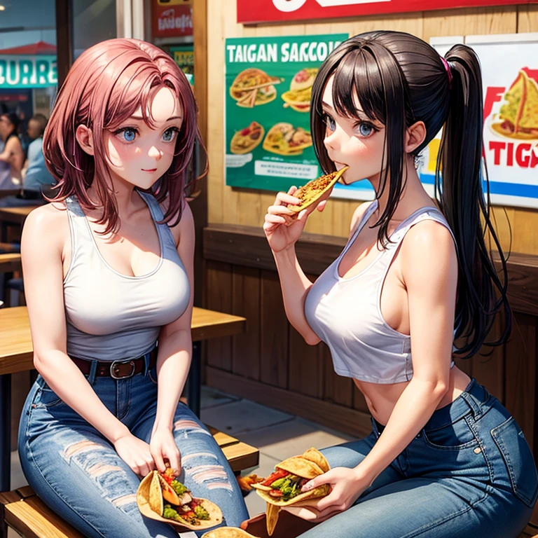 A woman wearing a tank top and saggy jeans eating a taco at a taco shop　Jeans have belts　