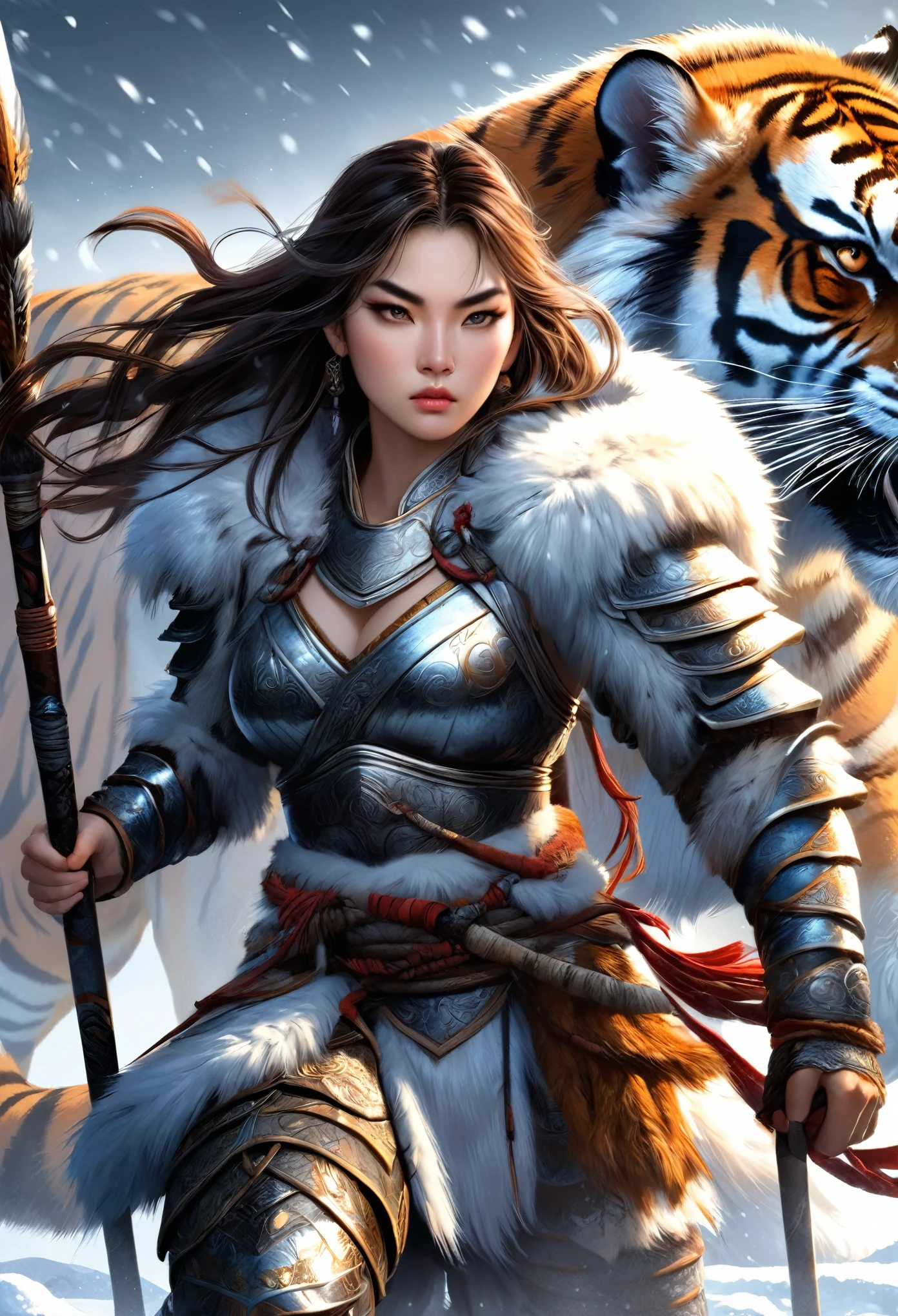 (1 Girl,Beautiful face,Exquisite eyes,Serious expression,Sharp eyes,Wearing fur armor,Holding a spear),She is a warrior of the north,(((tigerback 骑术)), Looking at the audience,tiger_beast), Epic Fantasy Character Art