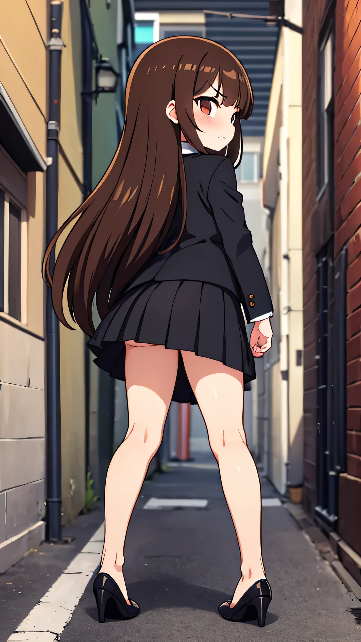 masterpiece、highest quality),Brown Hair,Hime cut,Long Hair,Bangs,girl,Back Alley,In a suit,OL,Woman with an angry face,Blushing,Slender women, A woman wearing plain black pumps,Bare feet and pumps,Open collar,Stand with your legs together,hold the skirt with both hands,front