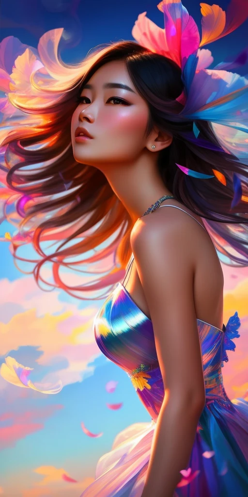 Asian woman, close-up face, beautiful dress, bare shoulders, soaring female figure made of ribbons, smoke, in the sky, colorful and bright, mystical colors, modern impressionism, portraiture by Yanjun Cheng, iridescent painting, 3/4 perspective view, cute face, low angle, wide swirling composition, big beautiful crystal eyes, big iris, UHD, HDR, 8K, (Masterpiece: 1. 5), (the most beautiful portrait in the world: 1,5)