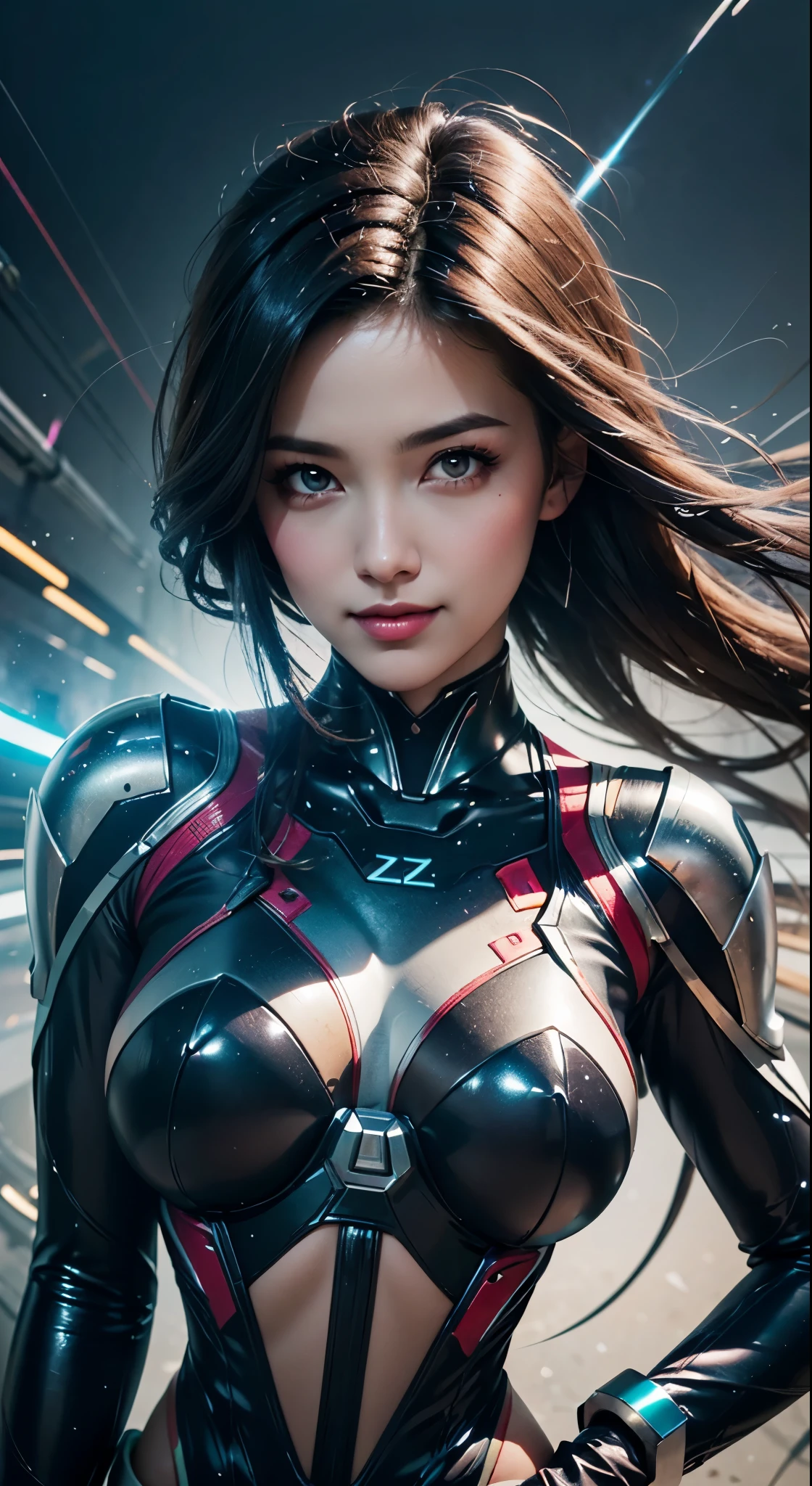 (best quality, ultra-detailed, photo-realistic:1.37), bright and vibrant colors, studio lighting, playful expression, stylish makeup, long dark hair flowing in the wind, alluring eyes, glossy lips, action pose, Reploid, Cyberspace, Megaman X, Zero, smiling in a confident and seductive way, professional photoshoot, shallow depth of field, highlighting subject, soft natural lighting, dreamy and magical atmosphere.