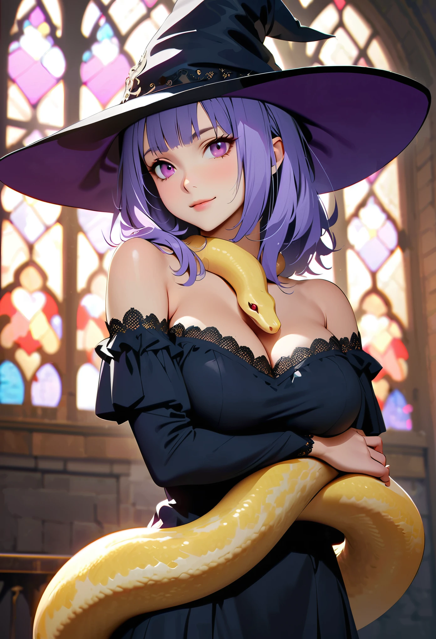 (Top image quality)，2023 Animation，Top animation quality，High-resolution details，Detailed wallpaper，(masterpiece)，(medium view), solo，sexy, A woman，upper body，Lilac hair，neat bangs，Pink Eyes，Beauty，light smile，(Wearing only a long-sleeved off-shoulder T-shirt with lace trim，Large witch hat)，large breast，(Cleavage)，bare neck，(A golden python wrapped around the body)，((detailed golden snake near body))，(Gothic castle background)，(Depth of Field)，Gloomy atmosphere，stained glass，(dark)