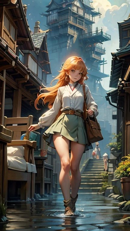 Anton Pieck,  Jessie Willcox Smith, Margaret Tarrant, Japanese anime,　wondrous　strange　Whimsical　Sci-Fi Fantasy　Goldfish World　Ryukin　Izumi gold　Dutch Lion's Head　Lanc-ch'u-hsien　Wakin　Swimming in the air　Goldfish scoop　matsuri　Miniskirt  walking path, perfect voluminous body, detailed masterpiece 