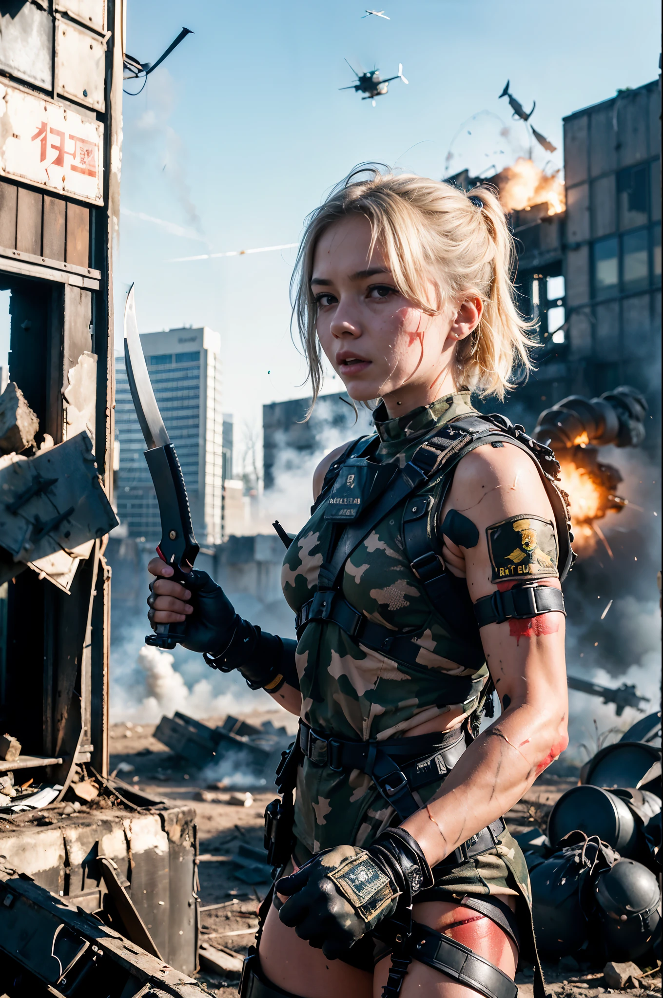 a wide shot of a girl dressed in pink, camouflage, tactical belt and leg holsters, holding a gun in each hand, The weapons are modern, heavy, very detailed and lethal, , aggressive pose, updo hair, narrow hips, pose frontal, Blonde, blue eyes, triangle face, very large and almost exposed chest, very brief shorts and top. freckles on the nose, athletics, action heroine, Science fiction , frank cho art germ, destruction background, war night, dramatic lighting, cinematic, fire, despair in the look.