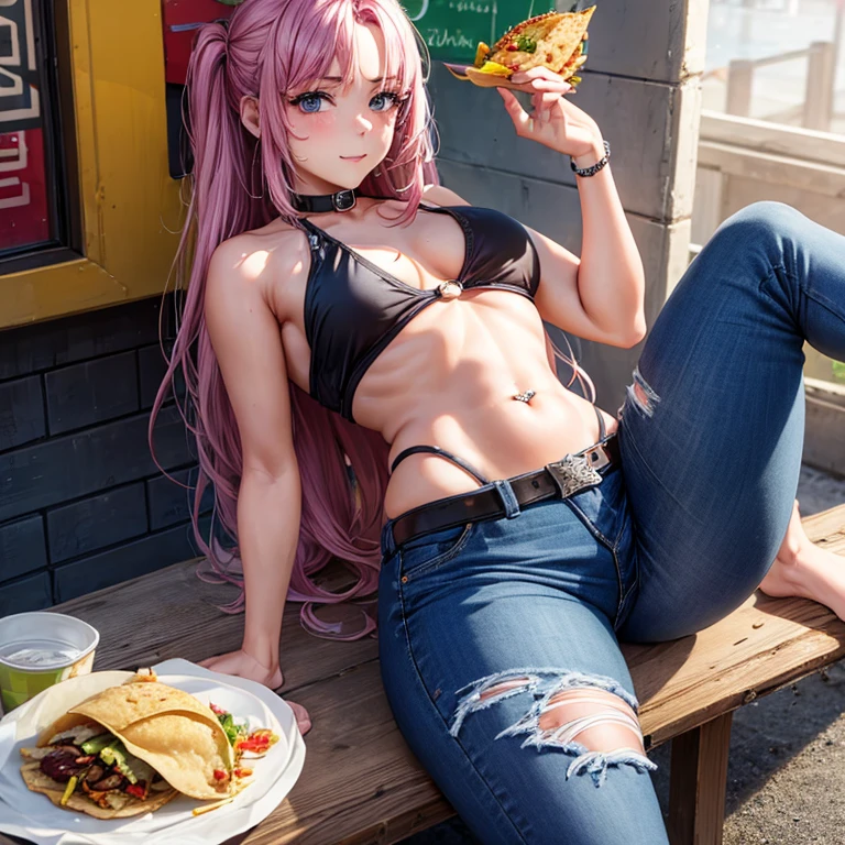 A woman wearing a tank top and saggy jeans eating a taco at a taco shop　Jeans have belts　Belly button piercing