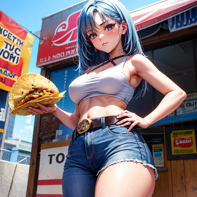 A woman wearing a tank top and saggy jeans eating a taco at a taco shop Jeans have belts Belly button piercing