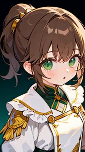 A young woman with light brown hair and a ponytail wearing a fantasy white costume、Green Eyes