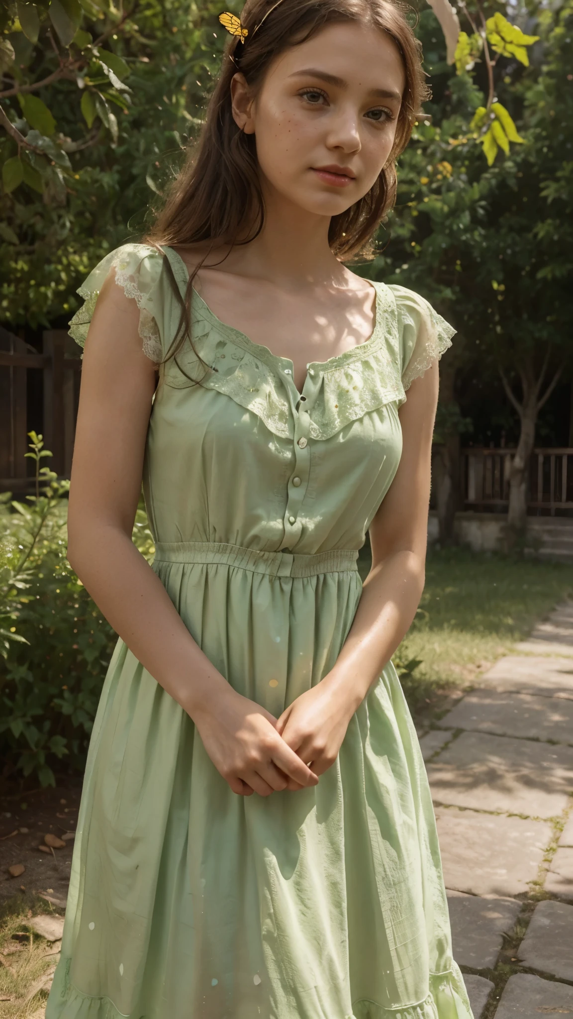  (simple style), green dress, Butterfly heart, pleated lace, Edwardian lace dress. add skin blemishes, acnes, spots beautifully, little smils, red lips, yellow sun rays, super cute and gorgeous, not sexy