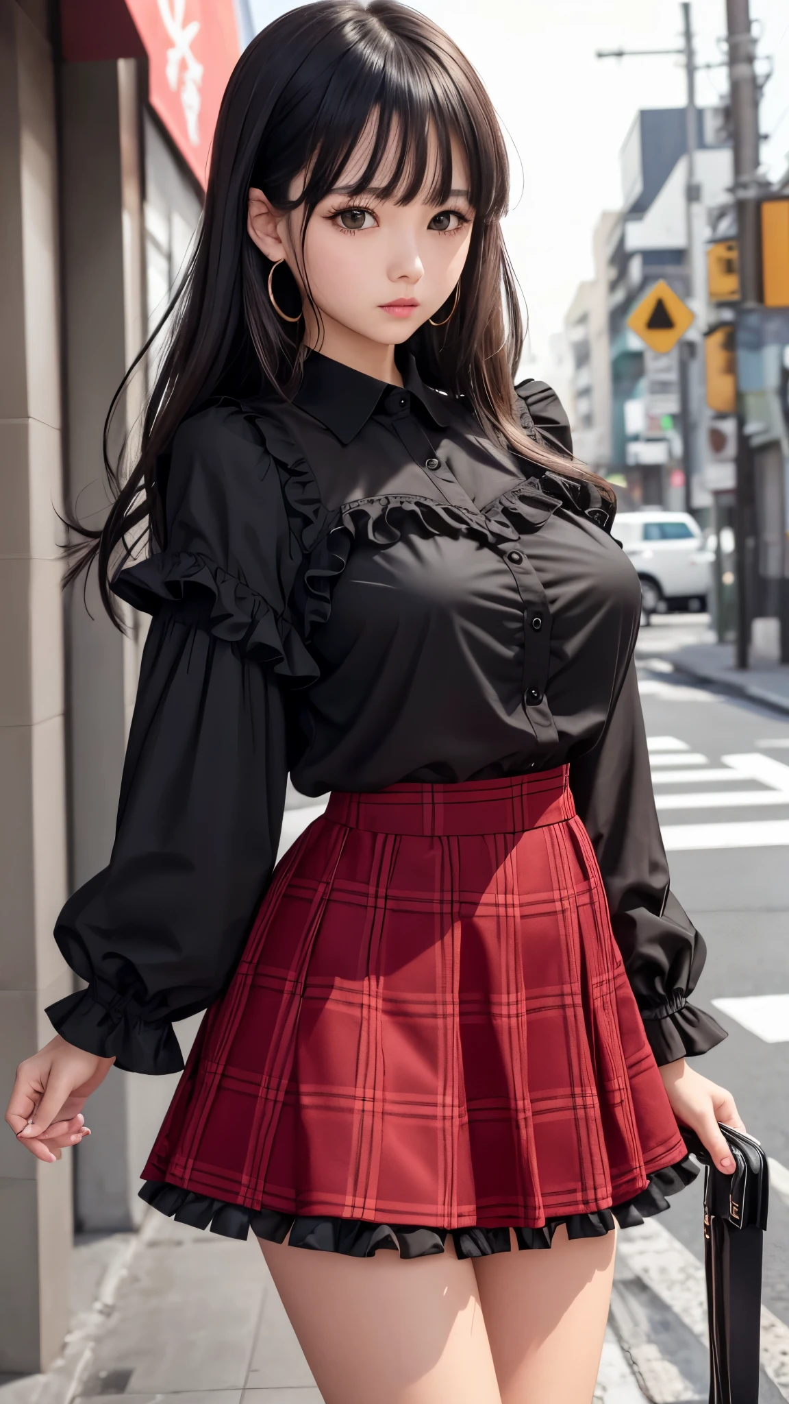 Detailed face、highlight、girl、thigh、breast enhancement、black髪、Heavy bangs、(Ruffled shirt、)(Checked mini skirt、red、black、)