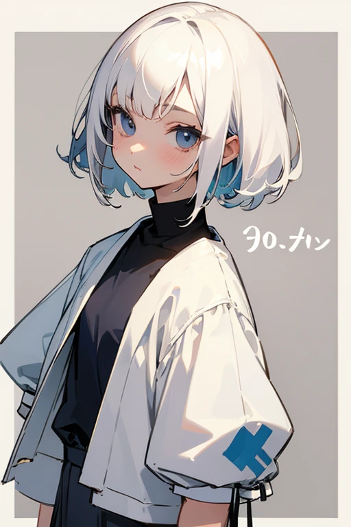 Short white hair, 、Embarrassing、Background is white、Trendy youth clothing、