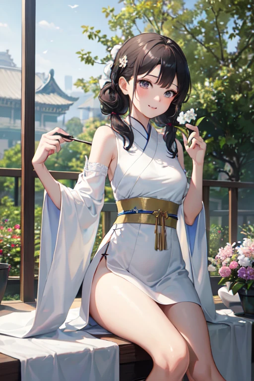 (1 female angel), Lace, ribbon, Hanfu, (masterpiece, Side light, 精美of and 美麗of Gray Eyes: 1.2), masterpiece, 实际of, 发光of眼睛, 闪亮of头发, Black Hair, 有光泽of皮肤, celibate, of, exposed, 精美of, 美麗of, garden, Flowers, 飄動of花瓣, ((Best image quality, 8k, masterpiece:1.3)), 1 Girl, 有纤细腹肌of美丽女人:1.3, (casual hairstyle), Princess dress:1.1, Super thin face, 细致of眼睛, Double eyelids,Smile,Sky