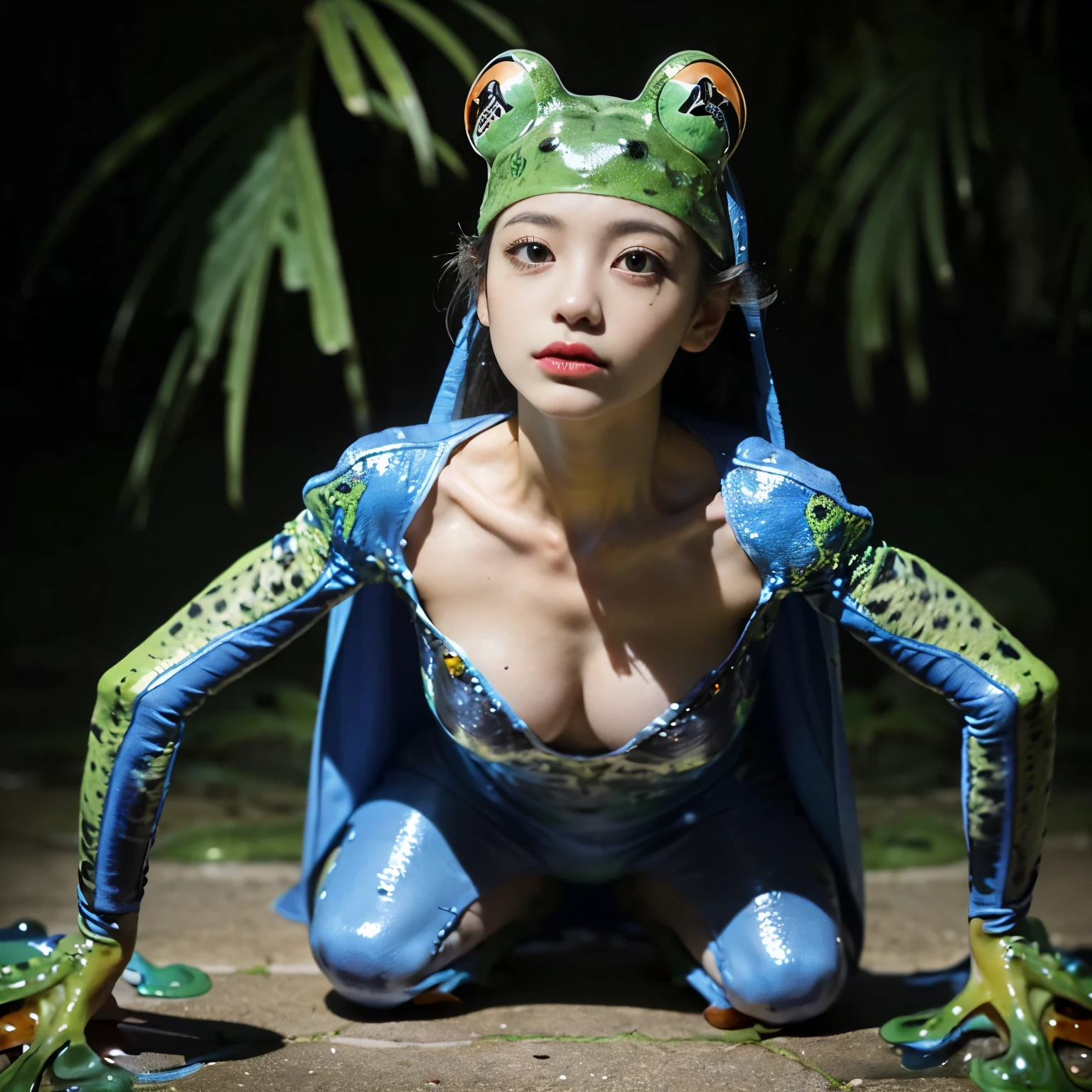 The upper body of a transcendentally beautiful young woman(A hybrid creature with the lower body of a frog:1.7)、Squats with wide legs open、Full Body Portrait