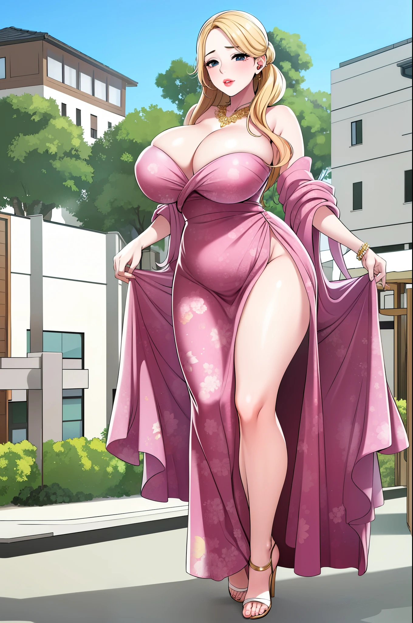 An extremely, insanely beautiful stunning gorgeous pretty cute sexy busty mother with a perfect gorgeous beautiful face, extremely bright snow white fair stunning flawless glowing lush shiny white skin, and complexion, gold blonde hair tied in a cute hairstyle with hair ornament and rose flowers on hair, age 23, stunning shiny big shiny glowing blue eyes, bright pink cheek blushes, brown-black eyelashes, pink puffy lips, pink nails, goddess-like extremely cute sweet smile, face full of life, wearing a gold necklace, feet anklets, wearing a cute sexy short loose revealing thin-soft bright sky blue floral frock with threads, a lower back hanging pink sweater, shiny gold heels, gold bangles, looking at the viewer, standing straight, insanely tight skinny perfect hourglass figure, perfect round wide perfect hips, perfect bouncy round breasts, perfect round plump ass poking out of her dress, holding a pink purse, park in the background, day time, show full body from head to feet.