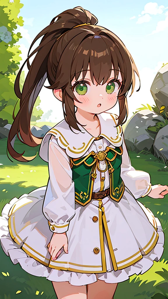 A young woman with light brown hair and a ponytail wearing a fantasy white costume、Green Eyes