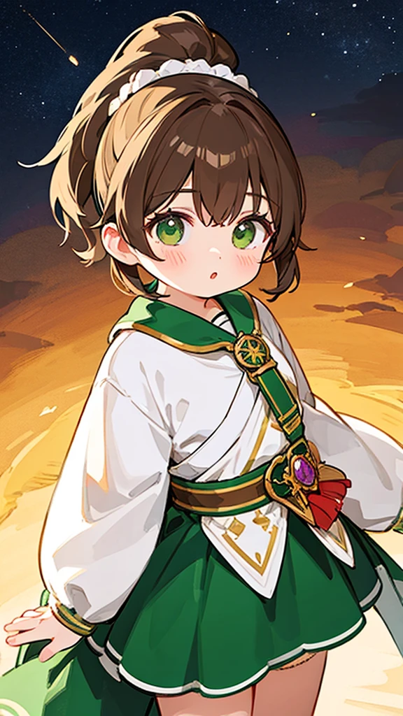 A young woman with light brown hair and a ponytail wearing a fantasy white costume、Green Eyes