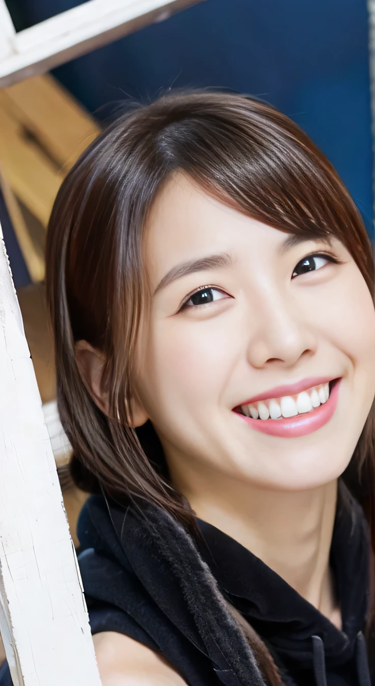 8K、highest quality、Clear beauty、hoodie、smile、Beautiful teeth alignment、(Gums are visible)Black Hair、ear piercing、Upper Body、The background is a staircase