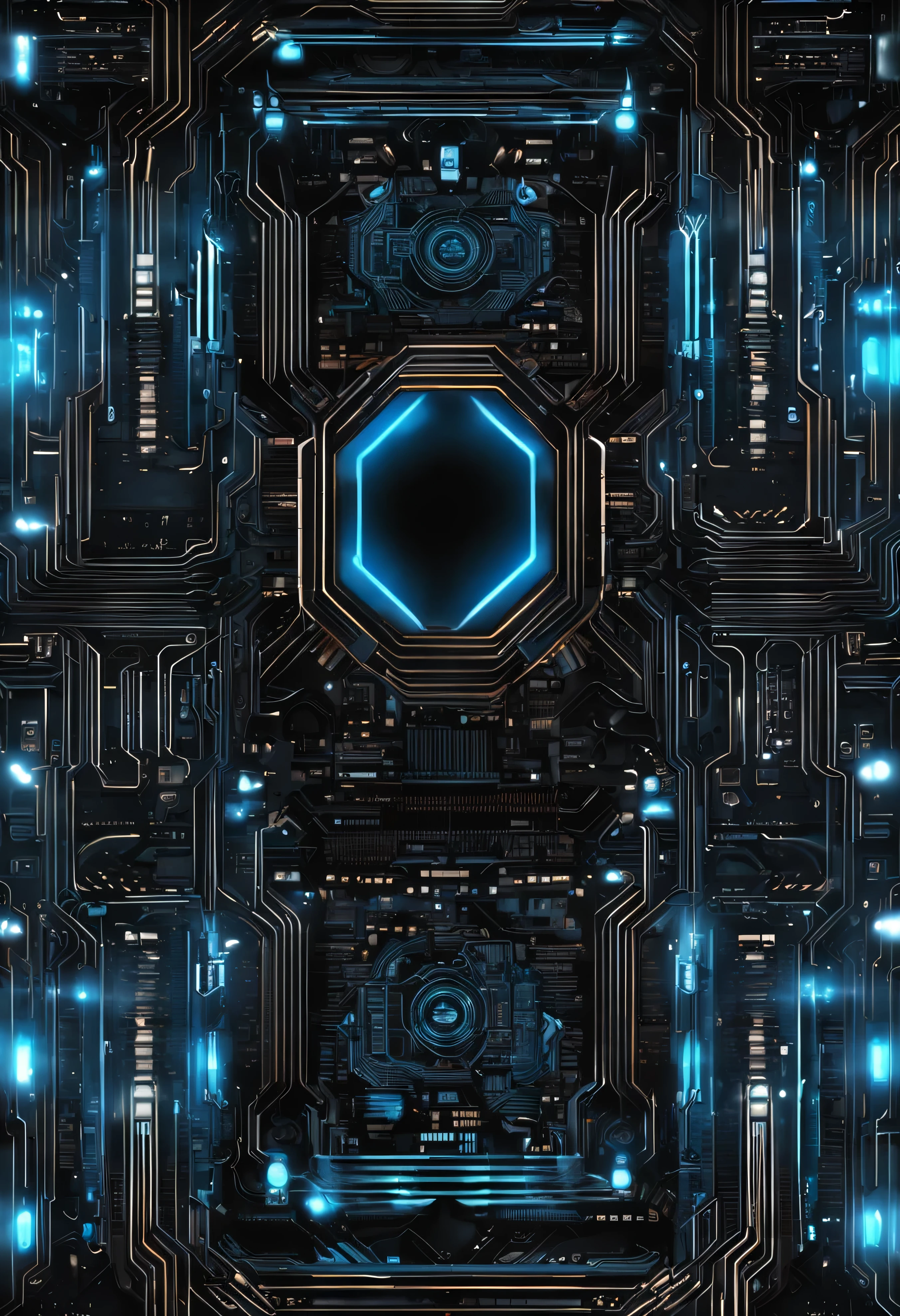 Black sci-fi background,Glowing edges，Blue light，blue back light，Lots of detail，3Drenderingof，High-quality graphics，4K，chips，circuit boards，