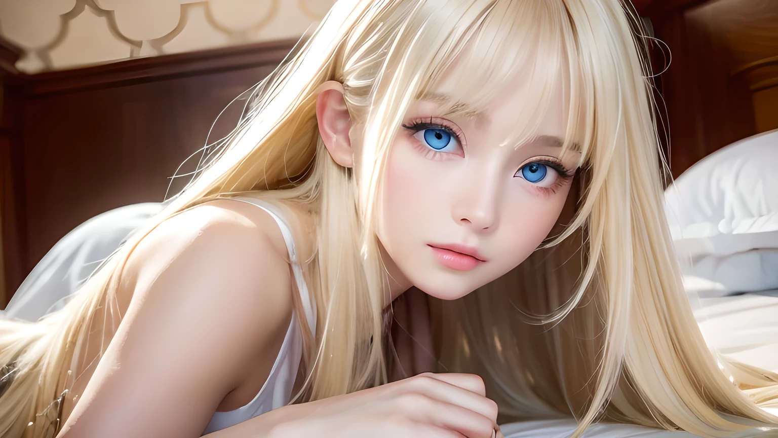 A very white and beautiful 20 year old blonde girl、masterpiece, highest quality, figure, Ultra-fine detail, Natural platinum blonde with a natural shine、Super long straight silky hair、Super long Rapunzel hair、disheveled bangs above the eyes,,、Bangs covering the face、High resolution, 8K TV Wallpaper, Perfect dynamic composition, Beautifully detailed large light blue eyes , Very big eyes、of hotel(bed)、Small Face Beauty、Round face、On all fours