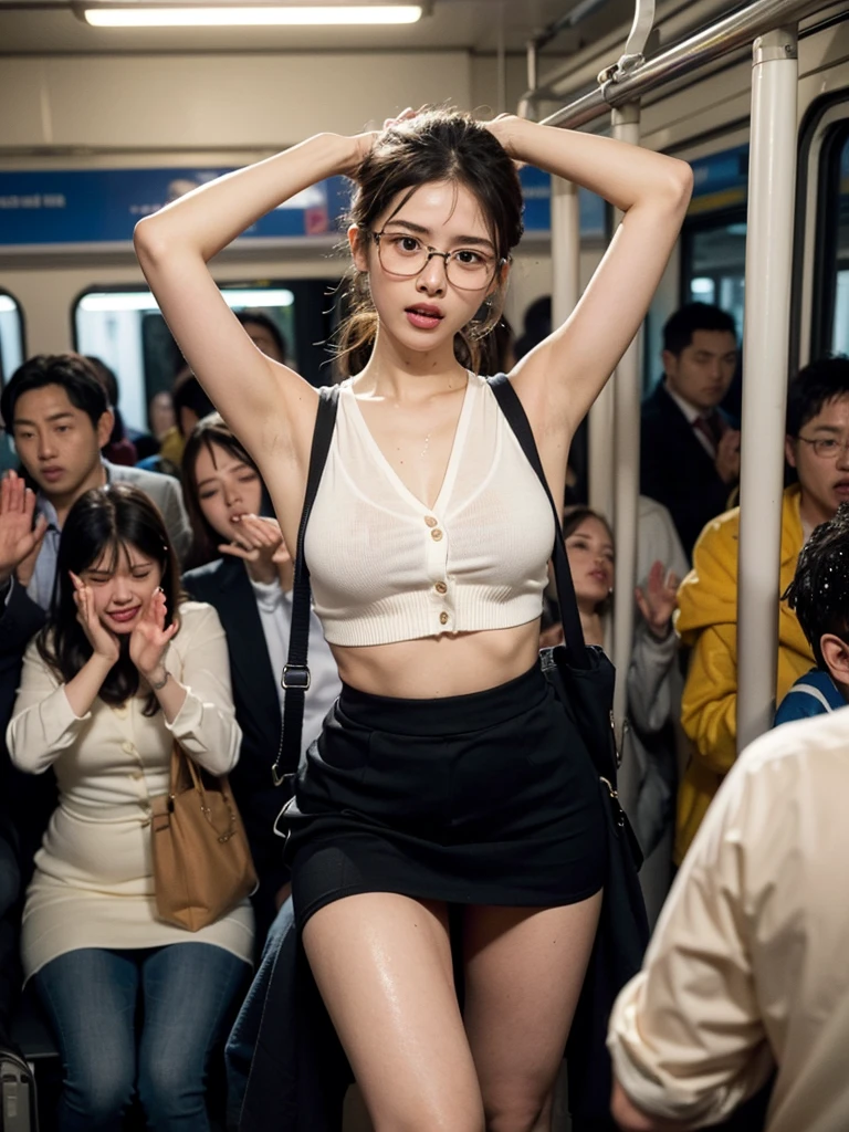 (masterpiece, best quality, illustration). ((Crowded train with passengers:1.2, at night:1.5, extremely high detail, Overwhelming crowd)). (1 girl wearing a white silk cardigan, Loose skirt, Glasses, Black suspenders, ash blonde,  are small, Thigh clearance, slim waist, Thigh definition, Mole under the lips, soft skin, shiny skin, Sticky fluid on the body, wet clothes, open mouth, feeling of ecstasy, (raise arms, Put your arms behind your head)). (( It&#39;s raining inside:1.1, (The old man leaned on his back1.5, Leaning against his chest:1.4)、Various postures, (Rub her breasts:1.3)、talk in her ear.、(Another old man held her in his lap、Reach out and touch her crotch:1.4)、go pick her up )). (environmental lighting:0.2, Underexposure:1.8, ultra high definition).,  naked, making love, kissing, Groping 