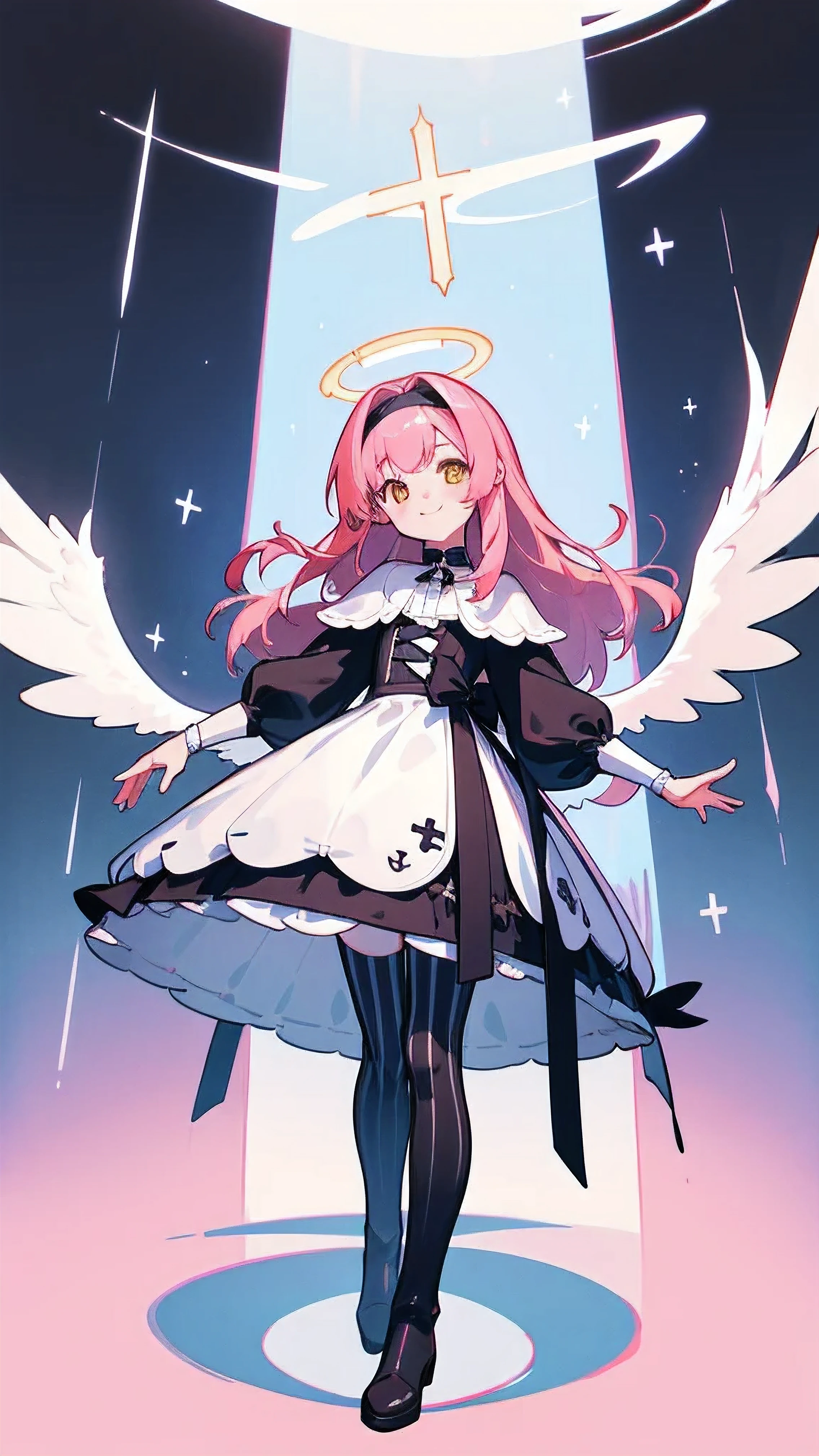 (masterpiece、highest quality、Highest quality、Super detailed description、Bust Top:1.2)、Fisheye Lens、Anime Style、Super Flat Style、Ultra Dynamic Lighting、Depth of subject、Blur、pale、Model standing pose、Maria's smile、Cross your legs and reach for the sky、Girl 1、waist-length pink hair、Sharply trimmed bangs、Yellow Eyes、BREAK A simple headband with a white base and black edges、BREAK Black and white long fit&Flared Dress、Black striped tights and long boots、ripple、Angel Halo、Disorganized、(Closed:1.3)