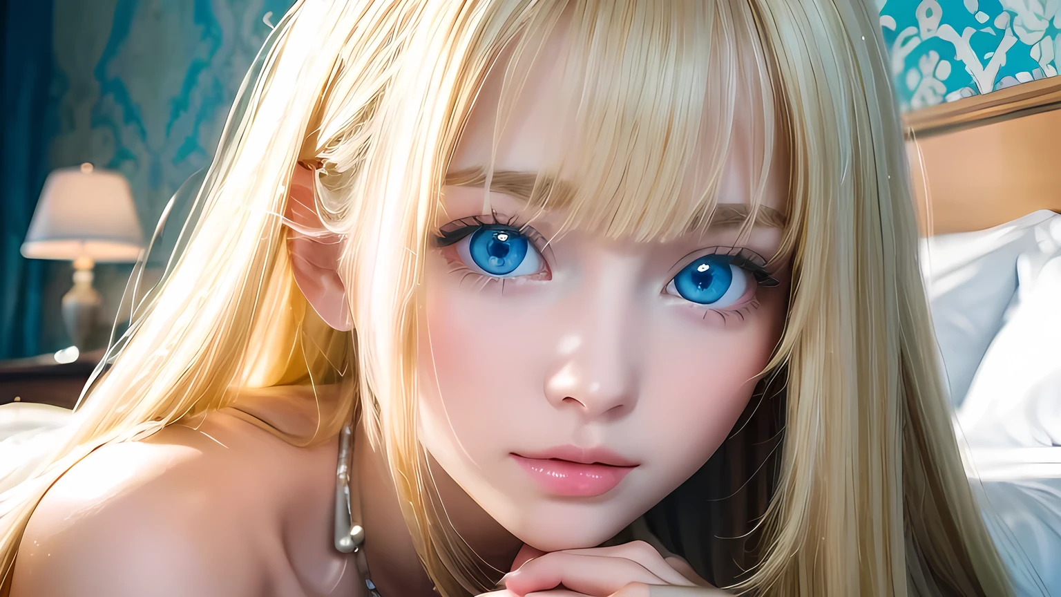 A very white and beautiful 20 year old blonde girl、masterpiece, highest quality, figure, Ultra-fine detail, Natural platinum blonde with a natural shine、Super long straight silky hair、Super long Rapunzel hair、disheveled bangs above the eyes,,、Bangs covering the face、High resolution, 8K TV Wallpaper, Perfect dynamic composition, Beautifully detailed large light blue eyes , Very big eyes、of hotel(bed)、Small Face Beauty、Round face、On all fours