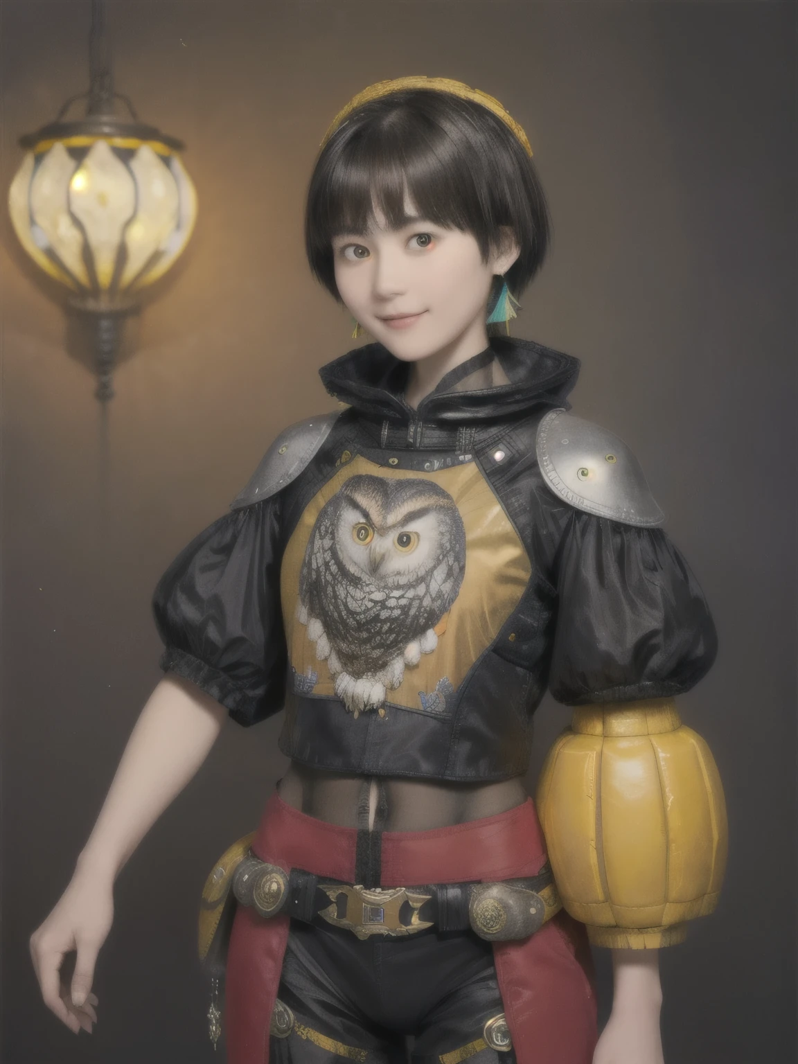224 Short Hair, 20-year-old woman, A kind smile, (There are also colorful owls), (Rembrandt-style painting), ((machinery suit,Clothes with short sleeves)),I can see your abs