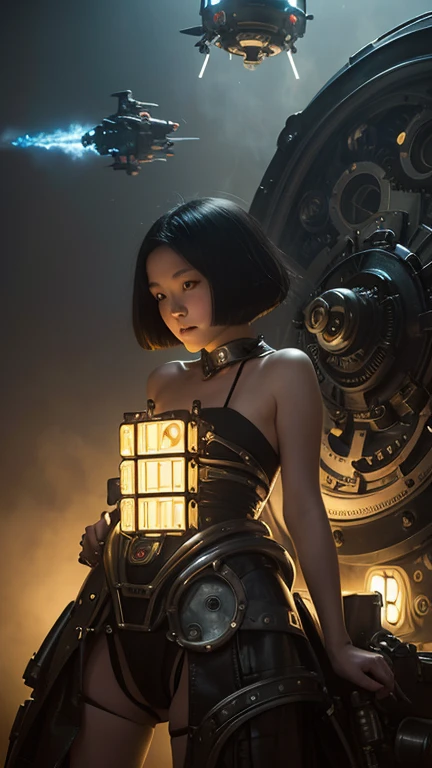 Shaun Tan, Maurice Sendak, Maxfield Parrish, animesque wondrous strange Whimsical Sci-Fi Fantasy beautiful Girl in the machine, perfect voluminous body A connected world Consciousness modification Go back in time domino, mechanical hyper detailed masterpiece realistic cinematic lighting