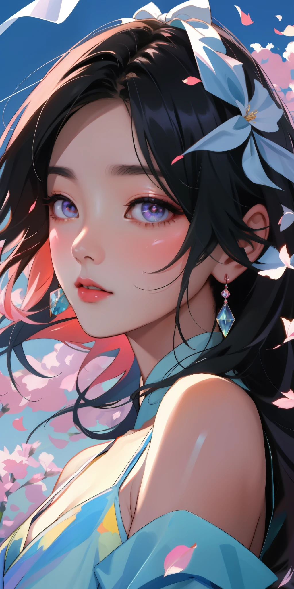 Asian woman, close-up face, beautiful dress, bare shoulders, soaring female figure made of ribbons, smoke, in the sky, colorful and bright, mystical colors, modern impressionism, portraiture by Yanjun Cheng, iridescent painting, 3/4 perspective view, cute face, low angle, wide swirling composition, big beautiful crystal eyes, big iris, UHD, HDR, 8K, (Masterpiece: 1. 5), (the most beautiful portrait in the world:  1,5)