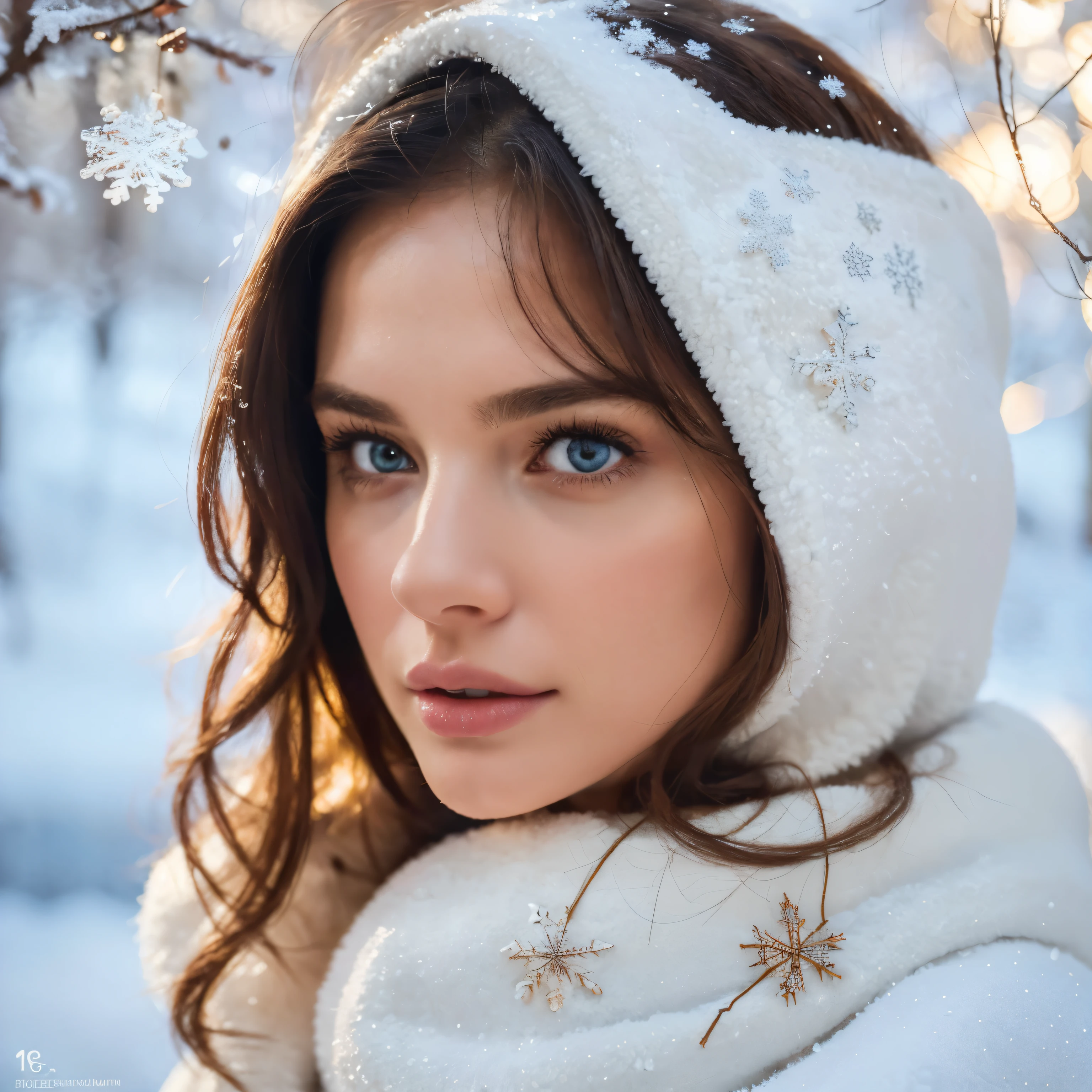 (best quality,4k,8k,highres,masterpiece:1.2,),ultra-detailed,(realistic,photorealistic,photo-realistic:1.37, full body view ) beautiful detailed lips, winter, snowflakes, cozy, warmth, softness, serene, dreamy, romantic,snowy landscape, bright colors, natural light