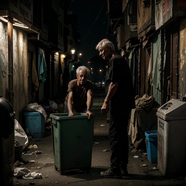 A skinny old man in famine, scavenging trash bin, slum neighborhood, dark atmosphere, unreal engine, HD, photoshoot