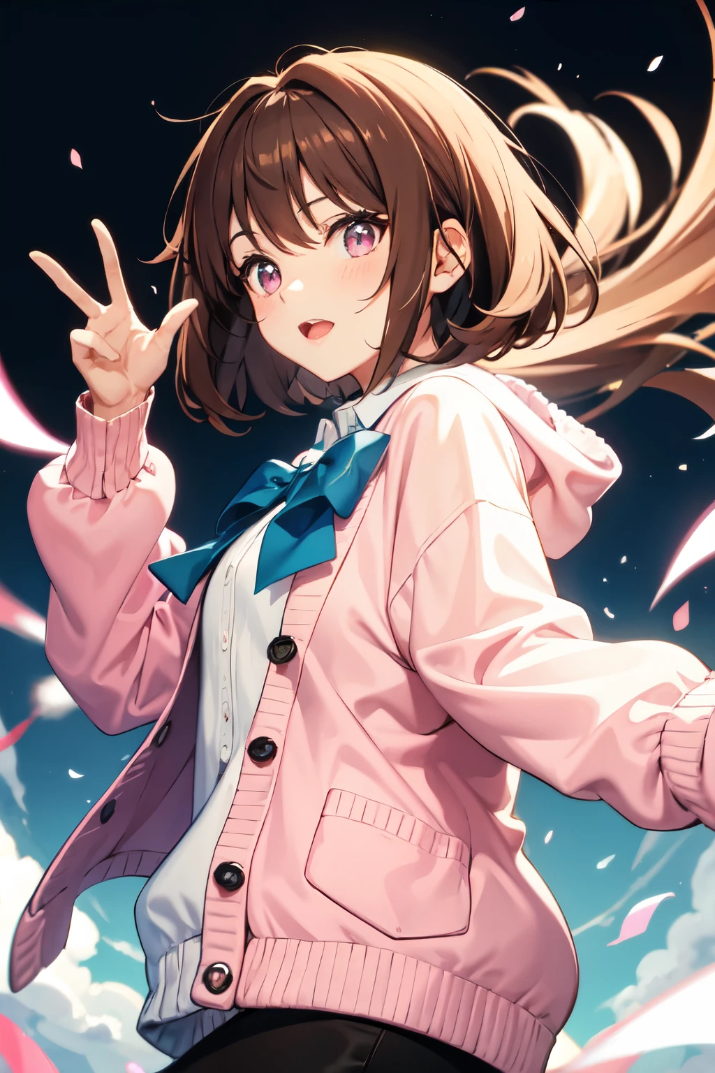 Brown hair, bob, pink eyes, beautiful girl, pink cardigan, , energetic