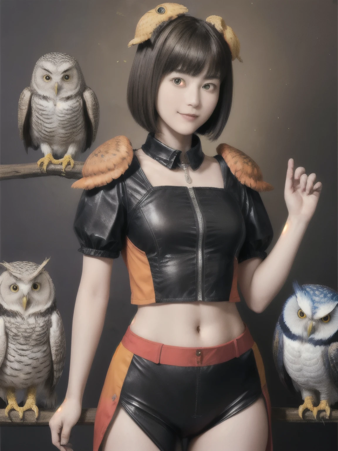 224 Short Hair, 20-year-old woman, A kind smile, (There are also colorful owls), (Rembrandt-style painting), ((machinery suit,Clothes with short sleeves)),I can see your abs