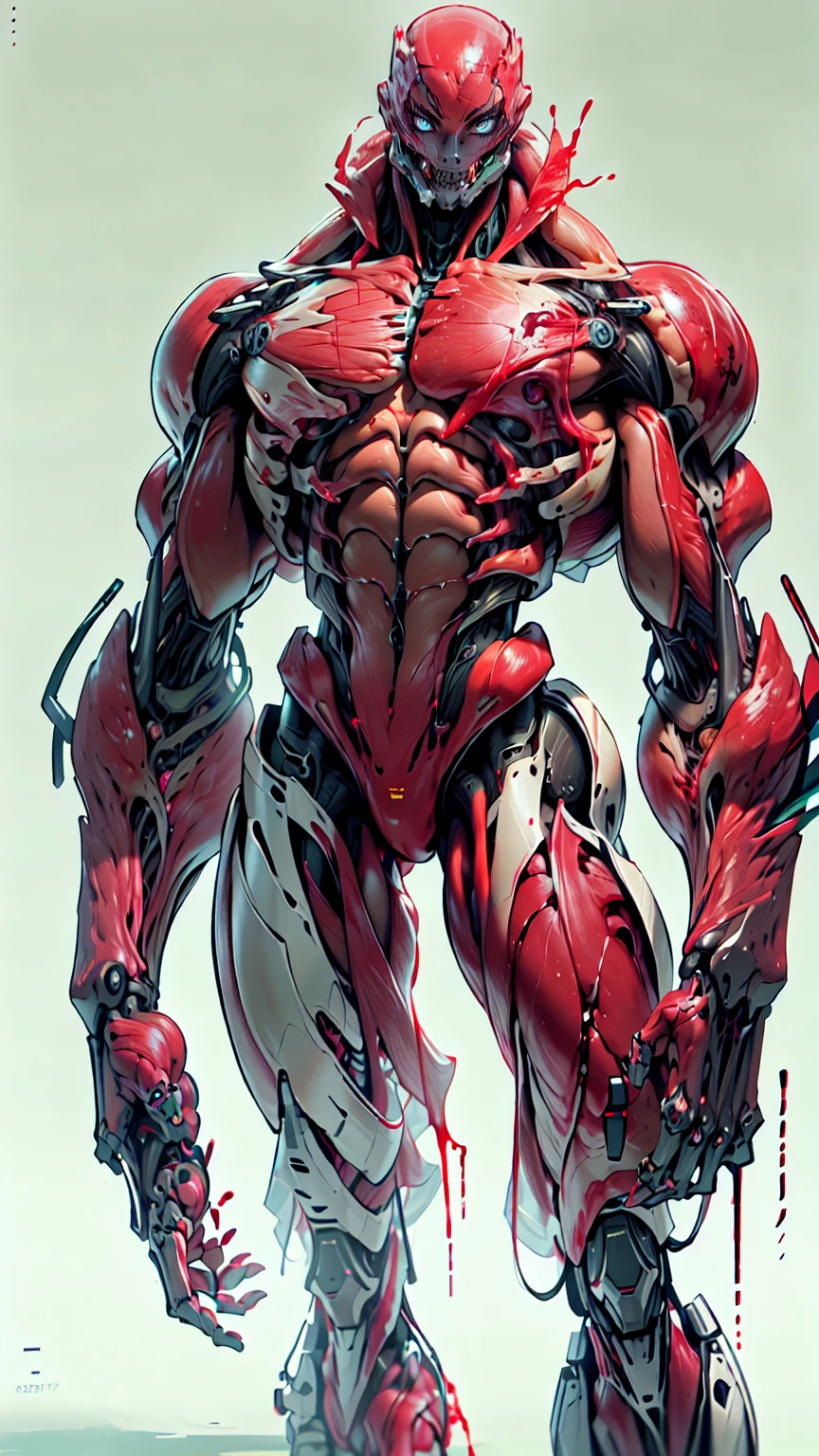 (1 girl), (megan fox:1.25), (muscular android girl wearing a blood red anatomic bio-mecha cybernetic muscle suit:1.25), (wide shoulders:1.25), (muscular defined physique:1.25), (large breasts), perfect hands, (long hair:1.25), looking at viewer, high resolution image, extreme detail, blank background