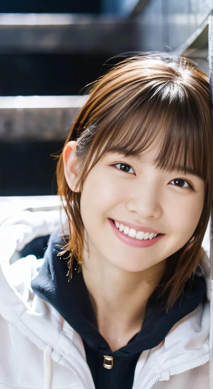 8K、highest quality、Clear beauty、hoodie、smile、Beautiful teeth alignment、(Gums are visible)Black Hair、Short Haircut、ear piercing、Upper Body、The background is a staircase