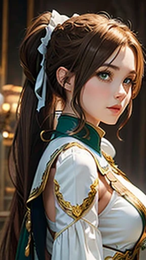 A young woman with light brown hair and a ponytail wearing a fantasy white costume、Green Eyes