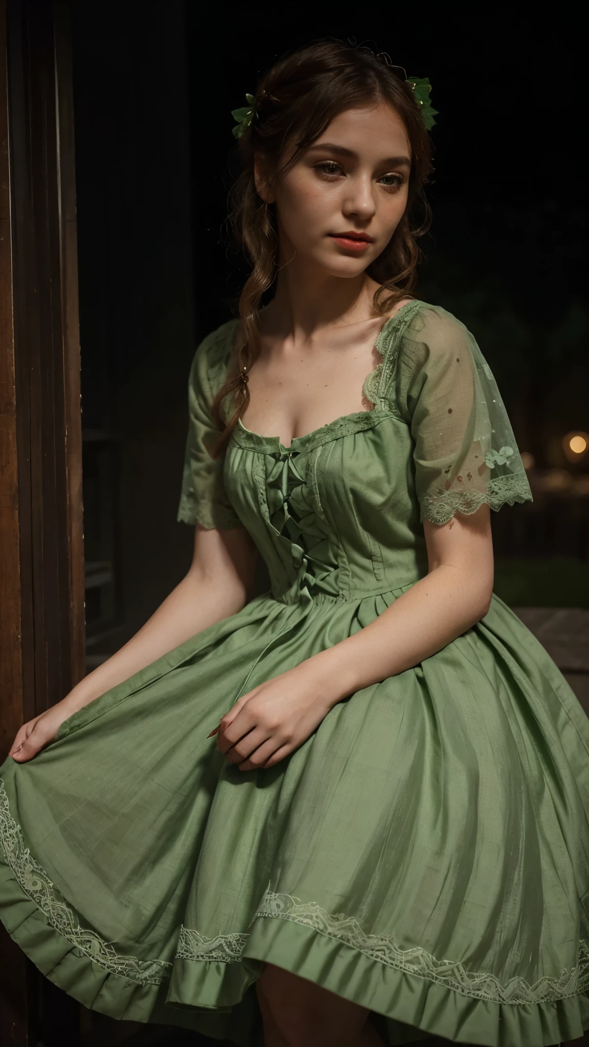  (simple style), green dress, Butterfly heart, pleated lace, Edwardian lace dress. add skin blemishes, acnes, spots beautifully, little smils, red lips, night time, super cute and gorgeous, 