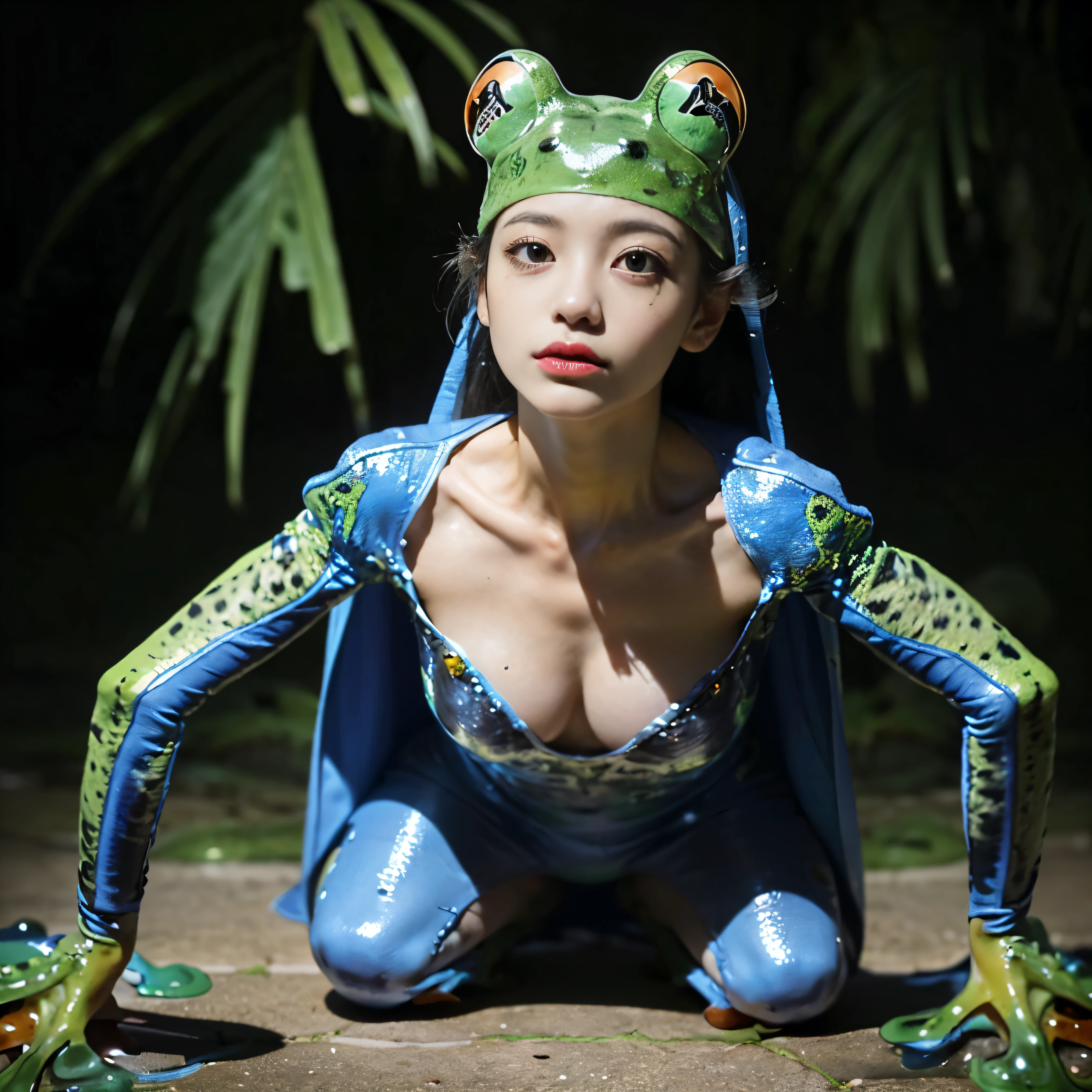 The upper body of a transcendentally beautiful young woman(A hybrid creature with the lower body of a frog:1.7)、Squats with wide legs open、Full Body Portrait